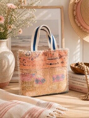 Boho Peach Woven Tote Bag with Blue-Striped Handles purse